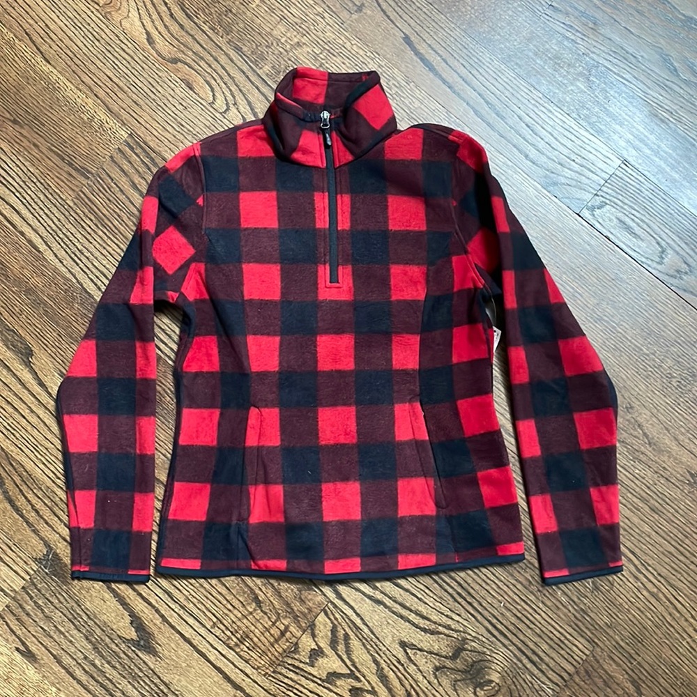 NWT Amazon Essentials Women’s 1/4 zip fleece, size small, red/black checkered